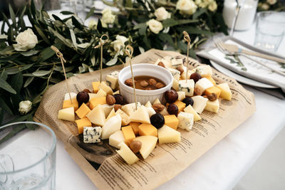 High angle view of fruits in plate on table