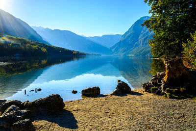 Scenic view of lake and mountains against sky