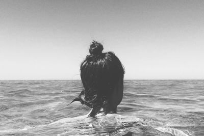 Rear view of horse on sea against clear sky