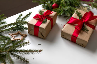 Close-up of christmas presents on table