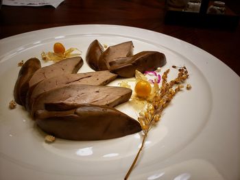 High angle view of dessert in plate on table
