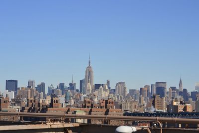 City skyline against blue sky