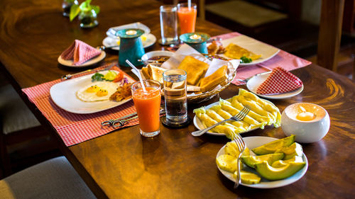 Close-up of breakfast on table for two