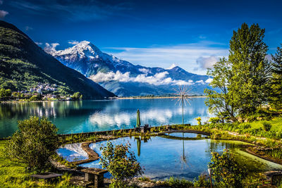 Scenic reflection of mountain range in lake