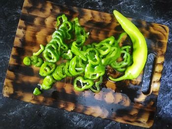 High angle view of chopped vegetables on cutting board