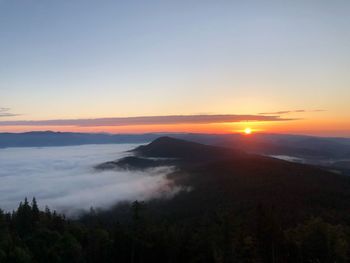 Scenic view of mountains against sky during sunset