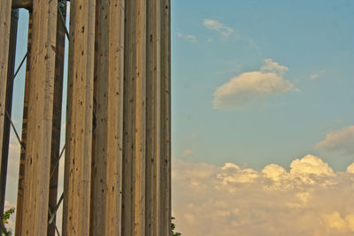 Low angle view of wood against sky