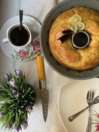 High angle view of breakfast on table