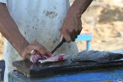 Midsection of person butchering fish