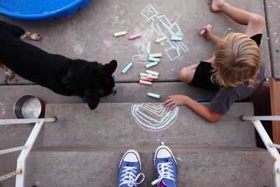 Directly above shot of boy drawing while sitting on walkway with dog