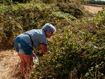 Senior woman gardening on field