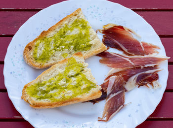 High angle view of breakfast served in plate