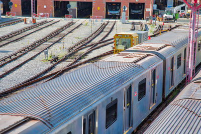 High angle view of train at railroad station