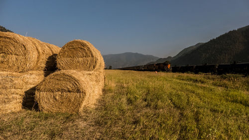 Hay bales on field against sky