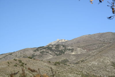 Scenic view of mountains against clear blue sky