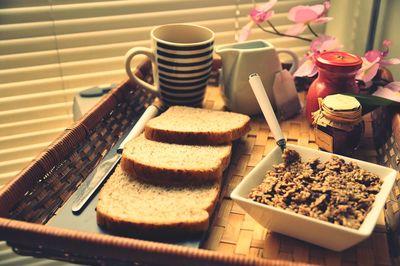 High angle view of breakfast served on table