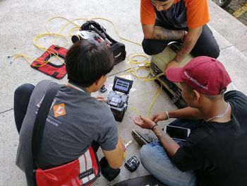 High angle view of people sitting