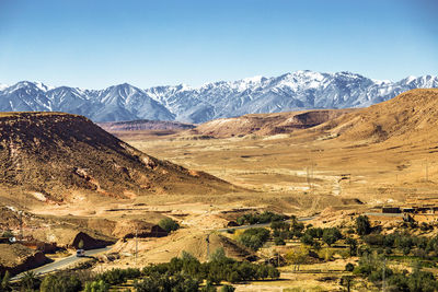 Scenic view of snowcapped mountains against clear sky