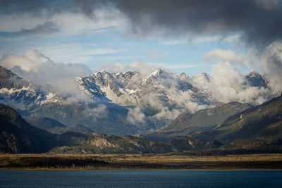 Scenic view of lake and mountains against sky