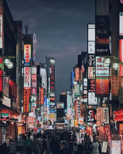 Crowd amidst illuminated sign boards in city at night