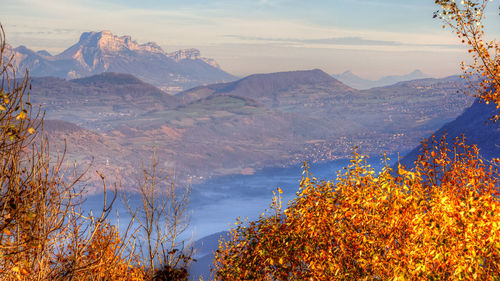 Scenic view of mountains against sky during autumn