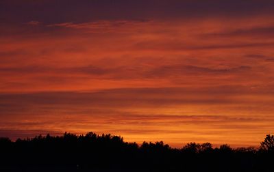 Silhouette trees against dramatic sky during sunset