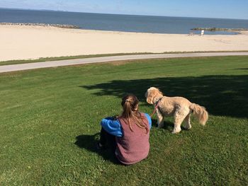 Rear view of woman with dog on beach