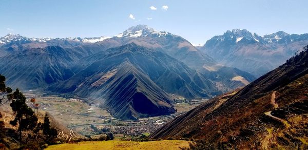 Panoramic view of snowcapped mountains against sky