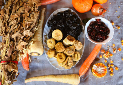 High angle view of breakfast on table