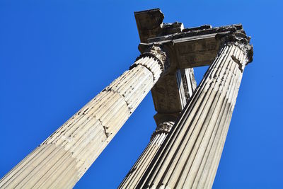 Low angle view of historic building against clear blue sky