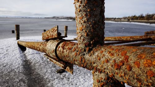 Close-up of old rusty metal on beach