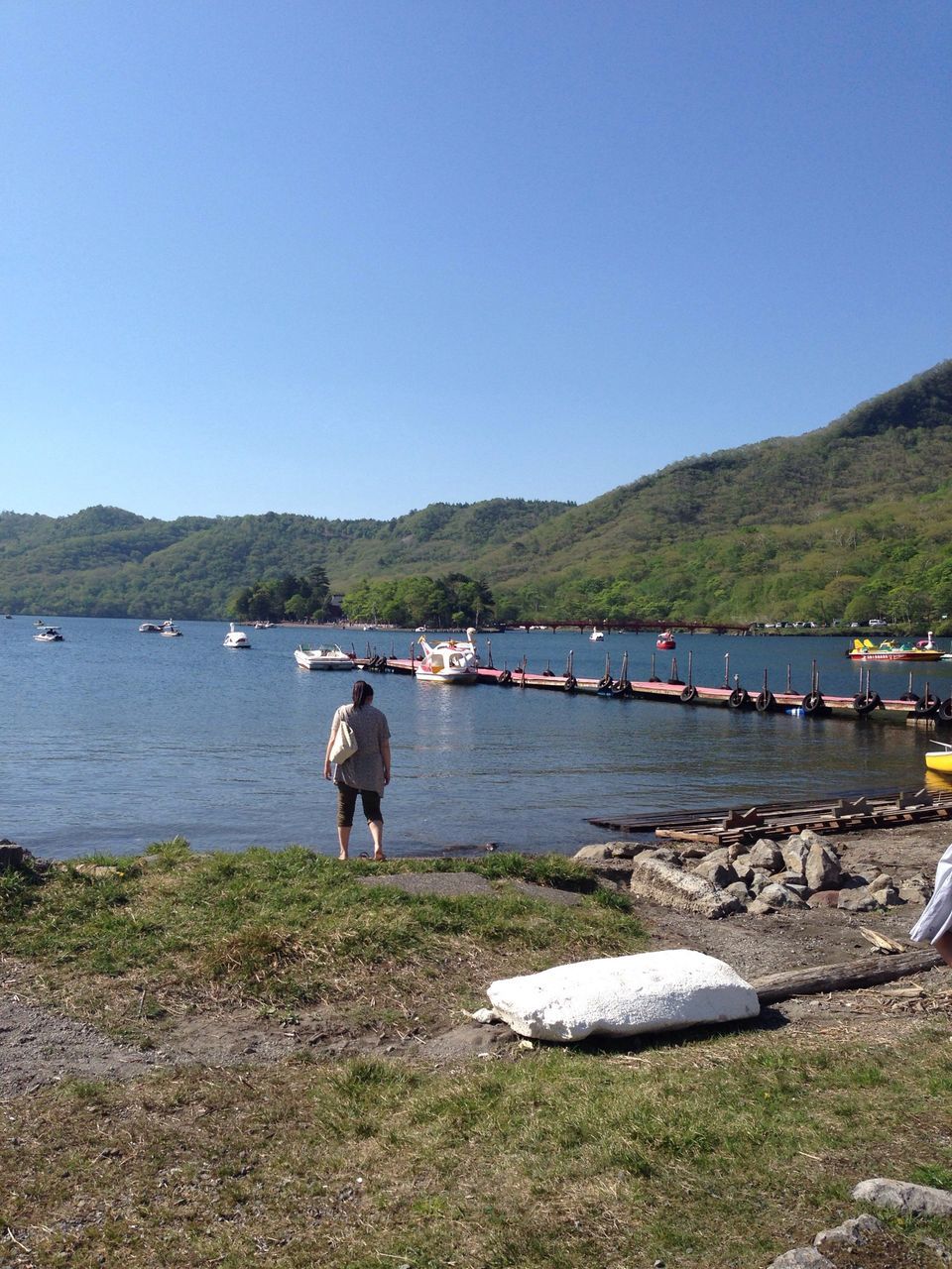 water, clear sky, lifestyles, rear view, leisure activity, copy space, mountain, men, full length, blue, lake, river, person, tranquil scene, nautical vessel, tranquility, nature, transportation