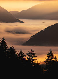 Scenic view of silhouette mountains against sky during sunset