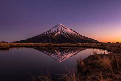 Scenic view of lake against clear sky during sunset