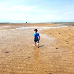 Rear view of boy on beach against sky