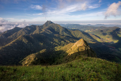 Scenic view of mountains against cloudy sky