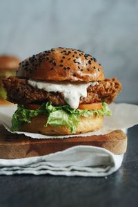 Close-up of burger on table