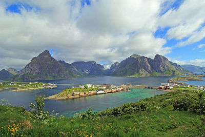 Scenic view of sea and mountains against sky