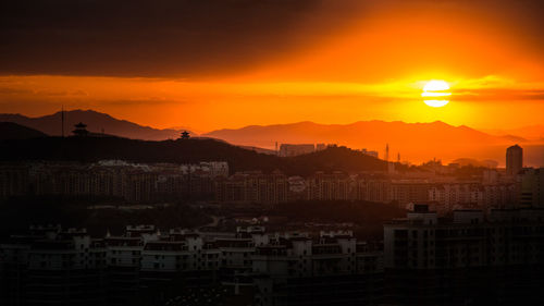 Silhouette cityscape against sky during sunset