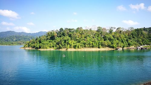 Scenic view of lake by trees against sky