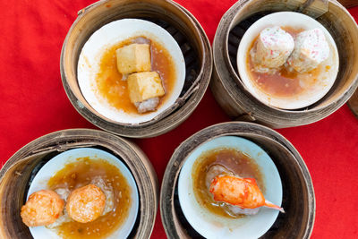 High angle view of breakfast served on table