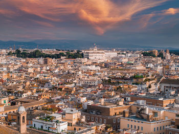 High angle view of townscape against sky during sunset