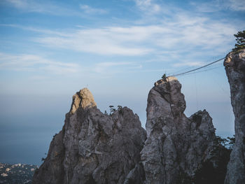 Low angle view of rock formation against sky