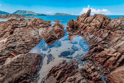 Rock formations in sea against sky