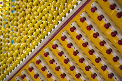 High angle view of multi colored candies in row