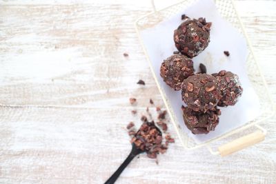 High angle view of chocolate cake on table