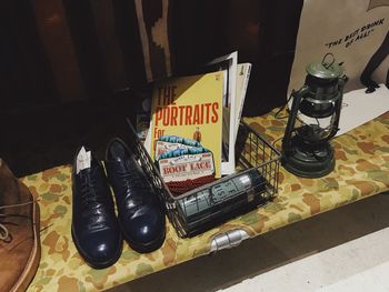 High angle view of shoes for sale on table