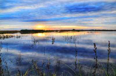 Scenic view of lake against sky during sunset