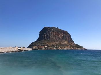 Scenic view of sea against clear blue sky