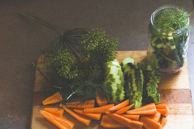 High angle view of vegetables in jar on table